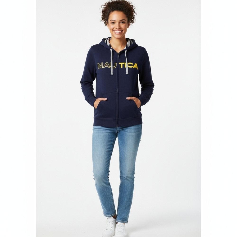 Nautica Junior Navy Fleece Hoodie Size 14–16 – Yellow Logo, Hooded Pullover
